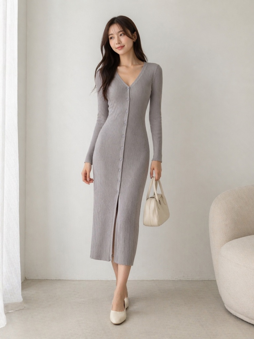 Better Be Gray Ribbed Button Down Midi Sweater Dress